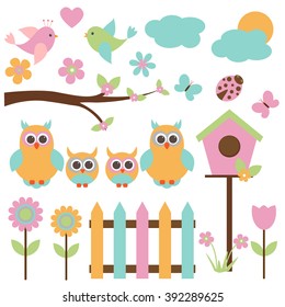 Vector set on the theme of family. A family of owls, parents and chicks, nature, plants, birds, insects.