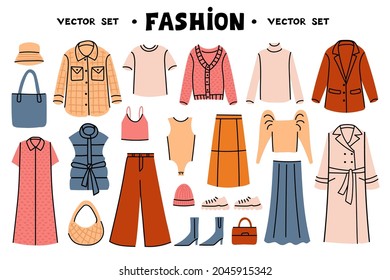 Vector set on theme of fashion. Isolated flat doodles of women's wardrobe. Illustrations of clothes for use in design