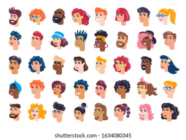 Vector set on the theme of multiracial people. Colorful isolated avatars of men and women. Cartoon flat characters for use in your design