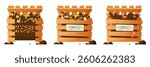 Vector set on the theme of organic compost, eco gardening, agriculture. Compost wooden box, food waste, container. Process of recycling food waste, by stages, worms help in recycling.