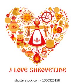 Vector set on the theme of the Russian holiday Carnival. Russian translation I love Shrovetide or Maslenitsa.