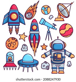 Vector set on the theme of space. Cartoon sci-fi space background. Vector illustration. A set of color images of an astronaut in space, UFOs, spaceships, stars. planets, comets, meteorites