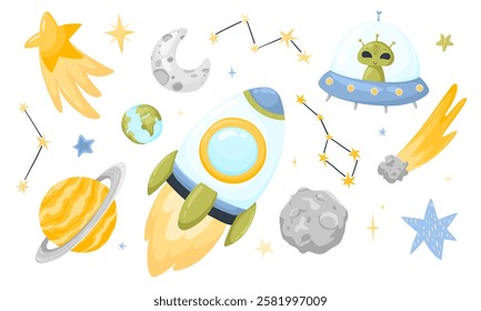 Vector set on the theme of space. Cartoon sci-fi space set. Vector illustration of space. Set of color clipart, UFO, rocket, stars and planets, comet and meteorite on a white background