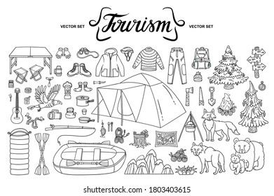 Vector set on the theme of tourism and travel. Colorful doodles of camping equipment, clothing, dishes, wild animals, nature. Isolated cartoon elements on white background