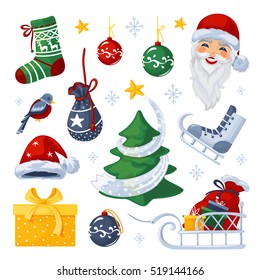 Vector set on the theme of winter, holidays, christmas gifts. Made in a flat style. Isolated objects. Christmas ornaments and Christmas decorations. Jolly Santa