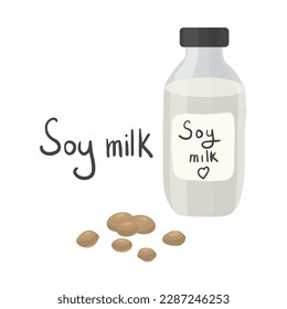 Vector set on the topic of lactose intolerance. The collection consists of a bottle with soy milk, the text "Soy milk" and soybeans
