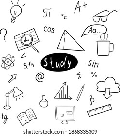 vector set on the topic of study with mathematics physics computer science: graphics, ruler, lamp, textbooks, mug