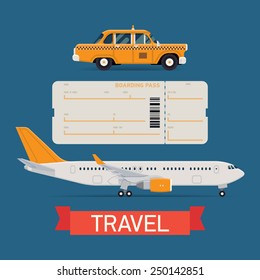 Vector set on travel flat design transportation icons featuring passenger jet airliner, boarding pass airfare ticket blank and city yellow cab taxi vehicle