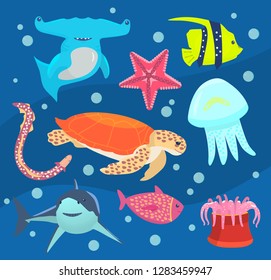 Vector set on underwater world theme. Underwater animals set .