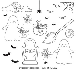 Vector set on white background, outline illustration of simple Halloween, bats, moon, ghost, pumpkin, gravestone, spider, clipart, useful for Halloween party decoration, hand drawn images.