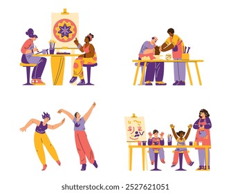 A vector set on a white background with sculpture, painting and dance teachers who help adults and children work with clay and paints using paints and clay