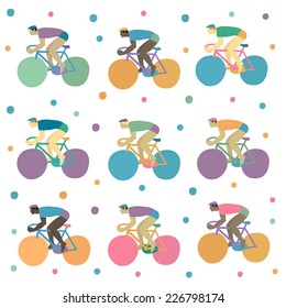 Vector set on white in color polka dots with different cyclists.