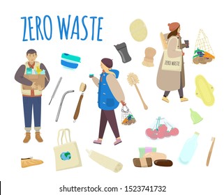 Vector set on zero waste theme. Ecofriendly lifestyle. Durable and reusable items. Trash sorting. String bag, menstrual cup, thermo cup, kitchen brushes,loofah, tooth brush, glass bottle, metal straw.