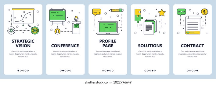 Vector set of onboarding screens for mobile apps. Vertical banners with Strategic vision, Conference, Profile page, Solutions and Contract website templates. Modern thin line flat style design.