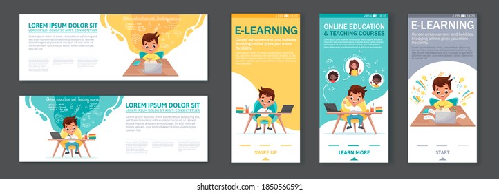 Vector set of onboarding screens for mobile apps and Banners with Tutorials, Study program, Online learning. Cute cartoon boy sits at table study from home. Vector cartoon illustration svg