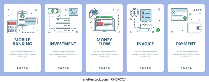 Vector set of onboarding screens for mobile apps. Vertical banners with Mobile banking, Investment, Money flow, Invoice, Payment concept web elements. Modern thin line flat icons for website menu.