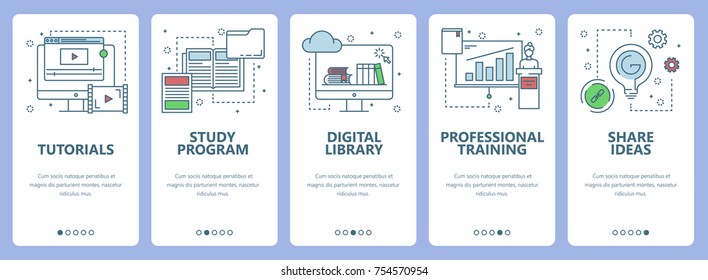 Vector Set Of Onboarding Screens For Mobile Apps. Banners With Tutorials, Study Program, Digital Library, Professional Training, Share Ideas Concept Web Elements. Thin Line Flat Icons For Website Menu