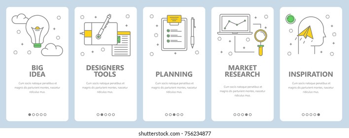 Vector set of onboarding screens for mobile apps. Big idea, Designers tools, Planning, Market research, Inspiration web templates and banners. Thin line art style design icons for website menu.