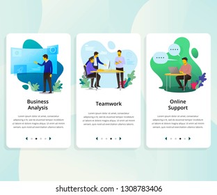 Vector Set of onboarding screens user interface kit for Business analysis, Teamwork and Online Support mobile app templates concept. Vector illustration.