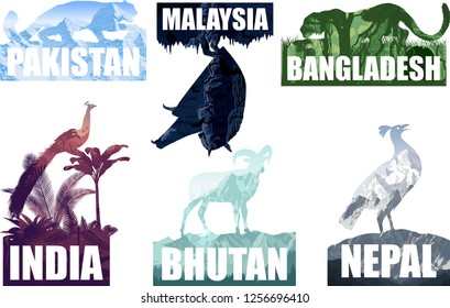 Vector set of ondostan countries illustrations: Nepal, Bangladesh, Bhutan, Pakistan, Malaysia, India