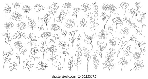 Vector set of one line art flowers, continuous monoline plants, roses, leaves, branches. Blossom logos, minimalist illustration. Simple sketch, black and white. Use as floral icons and logos