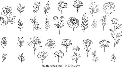 Vector set of one line art flowers. Continuous mono lines roses, leaves, branches. Blossom logos. Simple sketch, black and white. Use as floral icons and logos. Minimalistic botanical illustration. 