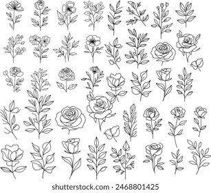 Conjunto de Vector de flores de una línea. Líneas mono continuas rosas, hojas, ramas. Logotipos en flor. Dibujo simple, blanco y negro. Usar como iconos y logotipos florales. Ilustración botánica minimalista 