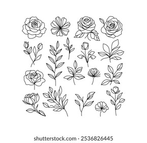 Conjunto vetorial de uma linha arte flores e folhas. Mono-linhas contínuas rosas, folhas, ramos. Logotipos da flor. Esboço simples, preto e branco. Use como ícones florais e logotipos.