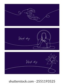 Vector set of one line art illustrations of Lord Buddha, lotus and hands. Continuous line art of Buddha silhouette for Vesak day banners.