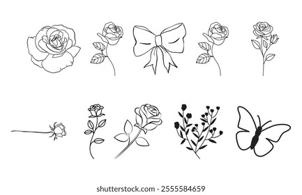 Vector set of one line art flowers. Continuous mono lines roses, leaves, branches. Blossom logos. Simple sketch, black and white. Use as floral icons and logos. Minimalistic botanical illustration.