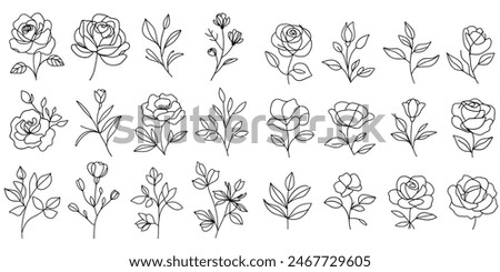 Vector set of one line art flowers. Continuous mono lines roses, leaves, branches. Blossom logos. Simple sketch, black and white. Use as floral icons and logos. Minimalistic botanical illustration.