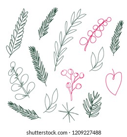 Vector set of one line christmas drawings, bow, christmas tree, ornaments,  candle, fruits, stars and flowers