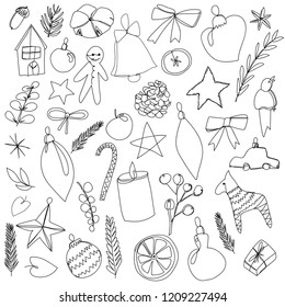Vector set of one line christmas drawings, bows, berries, christmas tree, candle, fruits, stars and flowers