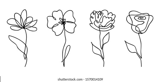 Vector Set Of One Line Drawing Abstract Flowers. Hand Drawn Modern Minimalistic Design For Creative Logo, Icon Or Emblem