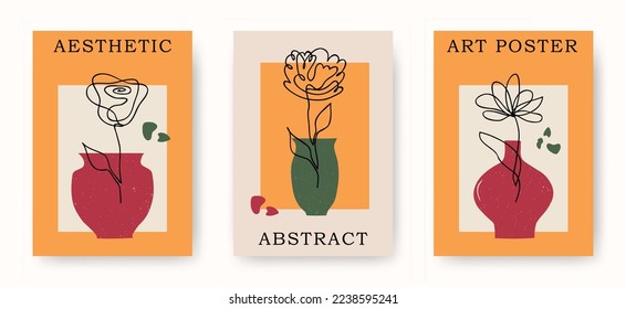Vector set of one line drawing abstract flowers in vases. Hand drawn modern minimalistic poster designs for creative logo, icon,  emblem, print, wall decor