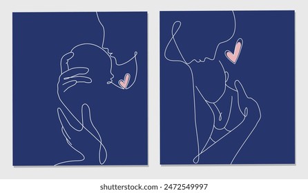 Vector set of One line drawing greeting card for Happy Mother's Day. Vector illustration of mother holding a new born baby in oneline style.