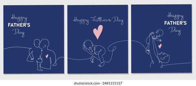 Vector set of one line drawing greeting card for Happy Father Day. Vector illustration of father holding a new born baby in oneline style.