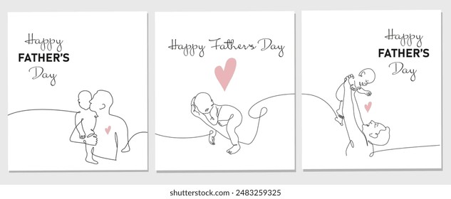 Vector set of one line drawing greeting card for Happy Father Day. Vector illustration of father holding a new born baby in oneline style on white background