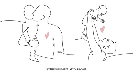 Vector set of one line illustration of father holding a new born baby on white background. One continuous line drawing greeting card for Happy Father Day