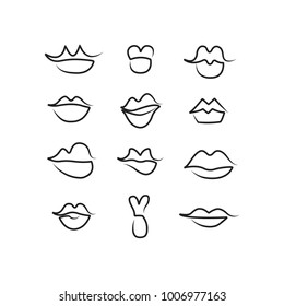 Vector set of one line lips isolated on white. Part of the human body. Lips shape. Facial expressions.