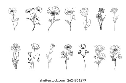 A vector set of one-line art flowers.  Blossom logos. Simple sketch