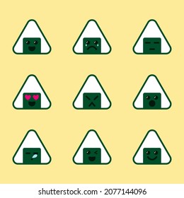 Conjunto de vectores de personajes de dibujos animados de onigiri. Diseños de caracteres de onigiri con diversas expresiones. Ilustración vectorial de diseño plano.