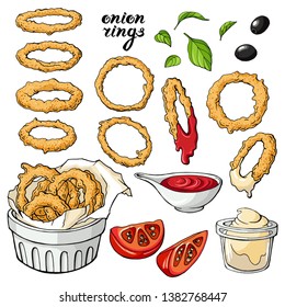 Vector set with onion rings . Isolated on white , with sauces , olive, fresh green mint and pieces of red tomatoes. Illustrations for food design.