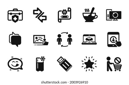 Vector set of Online delivery, Cogwheel blueprint and Recovery computer icons simple set. Stop shopping, Usb flash and Synchronize icons. Messenger, Medical insurance and Tea cup signs. Vector