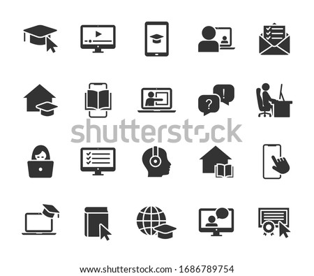 Vector set of online education flat icons. Contains icons remote learning, video lesson, online course, homework, online test, webinar, audio course and more. Pixel perfect.