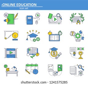 Vector set of Online education icons in thin line style. School and college online tutorials and courses. E-learning. Website UI and mobile web app icon