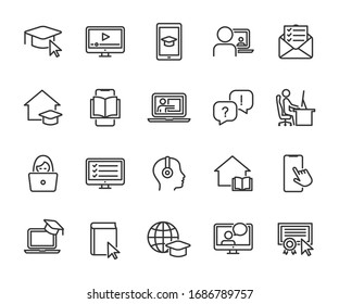 Vector set of online education line icons. Contains icons remote learning, video lesson, online course, homework, online test, webinar, audio course and more. Pixel perfect.