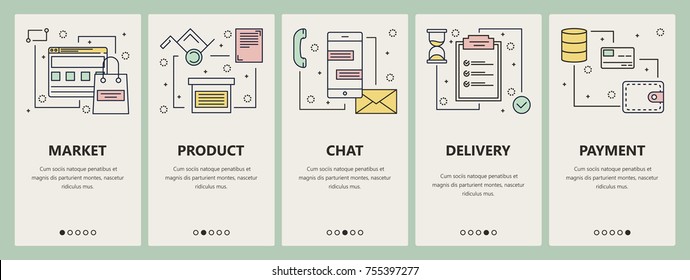 Vector set of online market concept vertical banners. Market, Product, Chat, Delivery, Payment website templates. Modern thin line flat symbols, icons for web, print.
