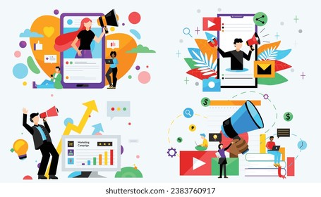 The Vector Set Online Marketing Illustrations" ist eine vielseitige und visuell ansprechende Kollektion von Vektorgrafiken, die der vielfältigen Welt des Online-Marketing gerecht wird