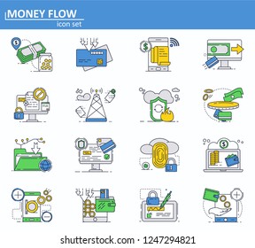 Vector set of online money payments and finance saving icons in thin line style. Secure internet credit card transaction. Website UI and mobile web app icon. Outline design illustration